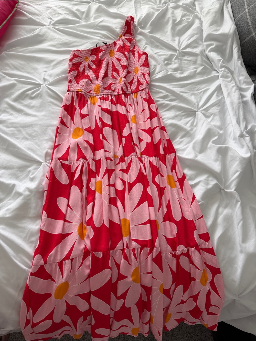 One-Shoulder Red Daisy Print Maxi Dress